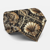 Cravate Art Deco Black and Gold Seashell Pattern Neck Tie (Roulé)