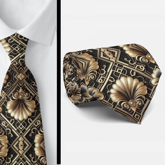 Cravate Art Deco Black and Gold Seashell Pattern Neck Tie