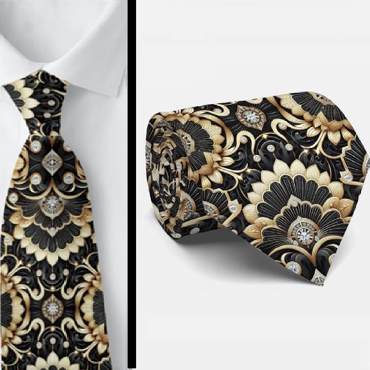 Cravate Art Deco Black and Gold Seashell Pattern Neck Tie