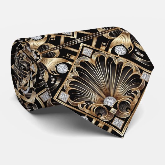 Cravate Art Deco Black and Gold Seashell Pattern Neck Tie (Roulé)