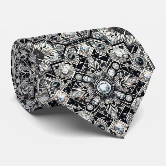 Cravate Art Déco Diamants Noir et Blanc (Roulé)