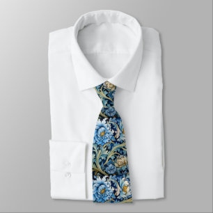 Cravate Art Déco Peonies Bleues & Blancs Style William Mor