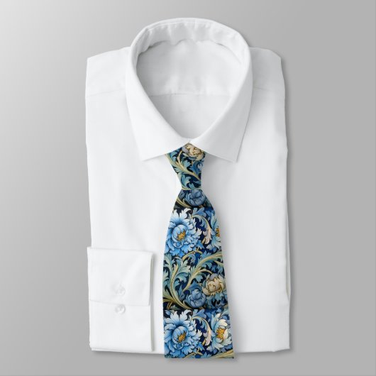 Cravate Art Déco Peonies Bleues & Blancs Style William Mor (Attaché)