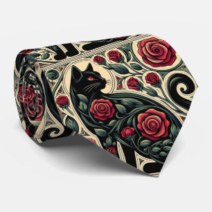 Cravate Art Nouveau Art Déco Chat Noir avec Roses Rouges