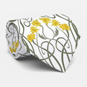 Cravate Art Nouveau Jaunes Jonquilles et Tiges Blanches