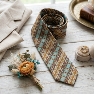 Cravate Art Tribal Unique Aqua Turquoise Orange Marron