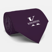 Cravate Aubergine | Monogramme+Nom Élégant | Une Face (Roulé)