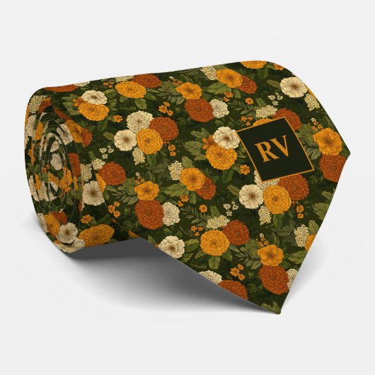 Cravate Automne Marigold Garden Fleur Monogramme (Roulé)