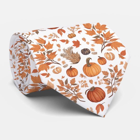 Cravate AUTOMNE SAISON citrouilles et motifs feuille (Roulé)