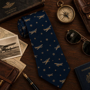 Cravate Aviation Vintage Or Navy et Or
