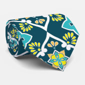 Cravate Azulejos minty et turquoise aux éléments jaunes (Roulé)