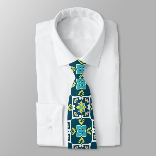 Cravate Azulejos minty et turquoise avec éléments jaunes C (Attaché)