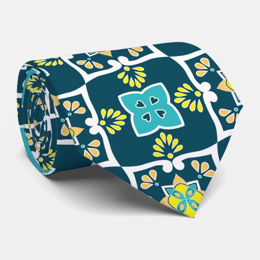 Cravate Azulejos minty et turquoise avec éléments jaunes C (Roulé)