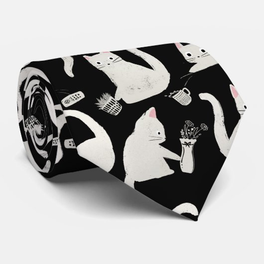 Cravate Bad Cats Knocking Stuff Over, White Cats on Black (Roulé)