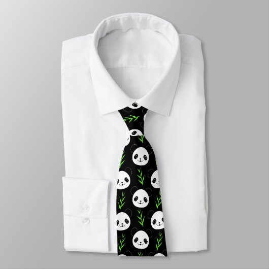 Cravate Bambou Motif Kawaii Panda En Blanc Noir (Attaché)