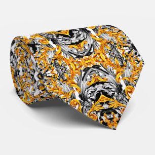 CRAVATE BAROQUE ITALIEN BLANC ET NOIR D'OR IMPRIMER HOMMES