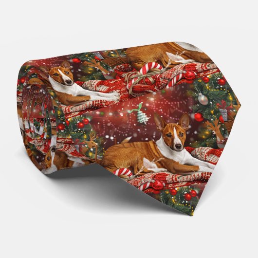 Cravate Basenji chien festif de Noël (Roulé)