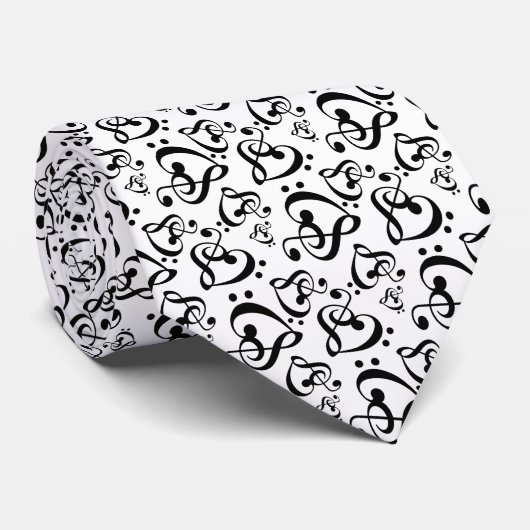 Cravate Bass Treble Clef Hearts Music Notes Pattern Tie (Roulé)