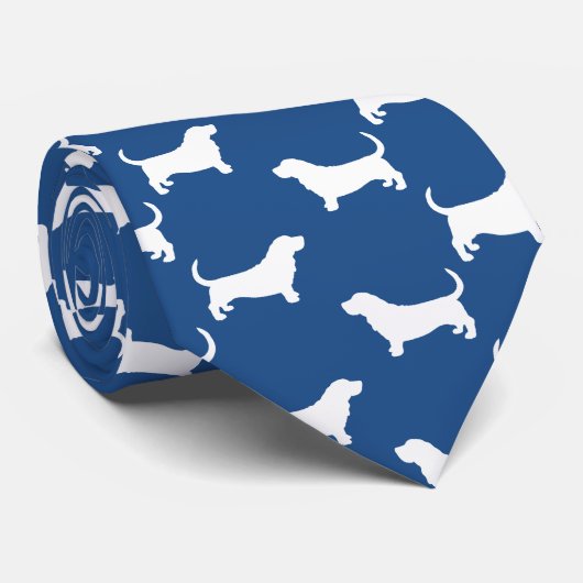 Cravate Basset Hound Silhouettes Motif Blanc et Bleu (Roulé)