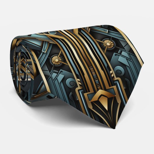 Cravate Beau Art Déco Or Turquoise Turquoise Noir (Roulé)