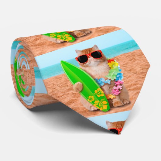 Cravate Beau chat surfeur sur la plage (Roulé)