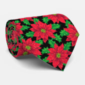 Cravate Beau Noël Poinsettia motif sur noir (Roulé)