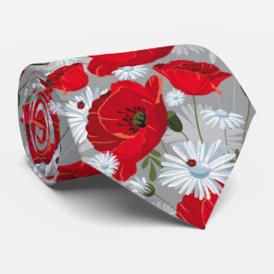 Cravate Beau pavot rouge, marguerites blanches et