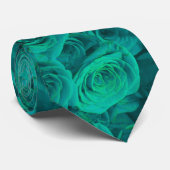 Cravate Beaux roses verts turquoises, fleurs turquoises (Roulé)