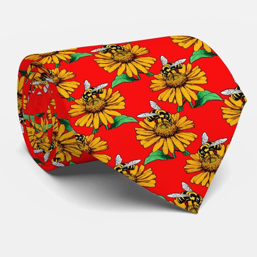 Cravate Bee on Sunflower Flower Pattern Design Red