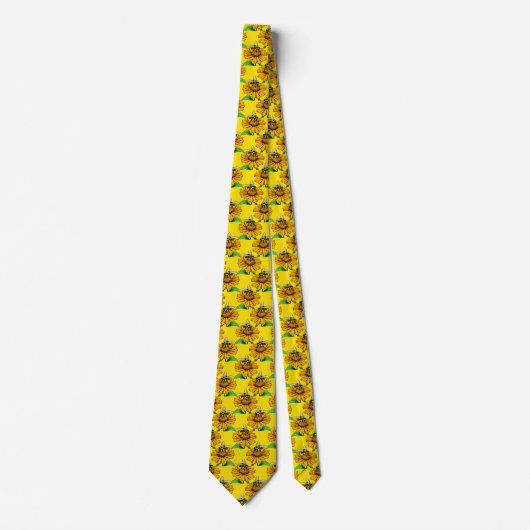 Cravate Bee on Sunflower Flower Pattern Design Yellow  (Devant)