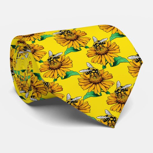 Cravate Bee on Sunflower Flower Pattern Design Yellow  (Roulé)