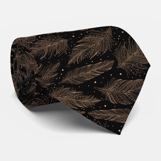 Cravate Beige black vintage feather pattern (Roulé)