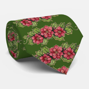 Cravate Belle Pointsettia pour Noël vert foncé