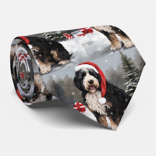 Cravate Bernedoodle Chien dans Noël de neige (Roulé)