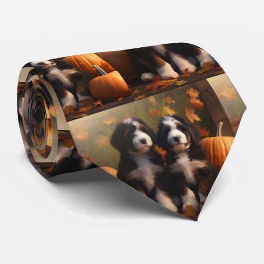 Cravate Bernedoodle Chiot Automne Citrouille de plaisir (Roulé)