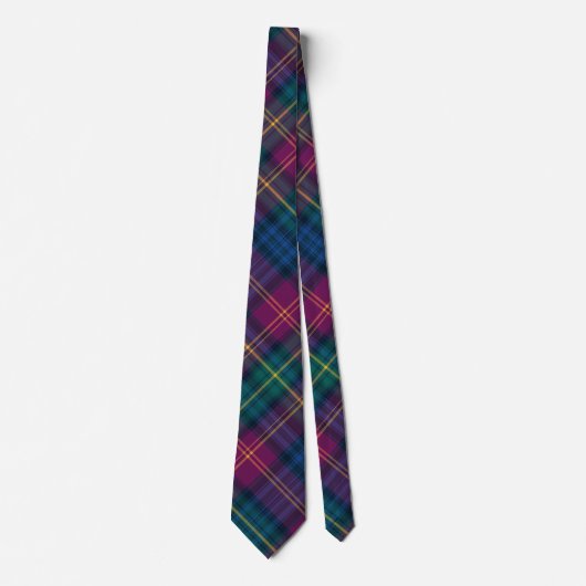 Cravate Bijoux bleu, vert, vin, violet et plaid or (Devant)