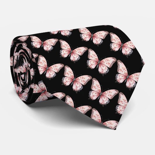 Cravate Black and Light Pink Butterflies Neck Tie (Roulé)