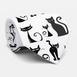 Cravate Black  and White Pattern with Funny Looking Cats