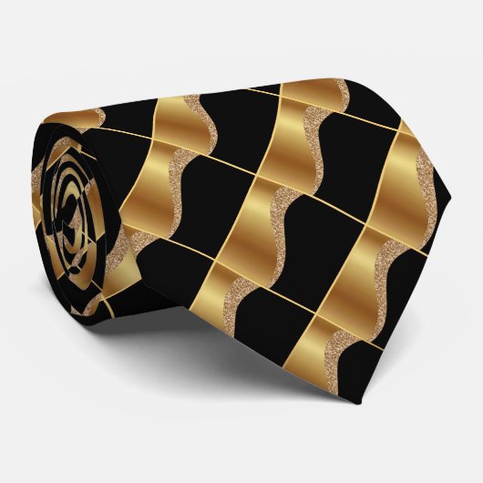 CRAVATE BLACK GOLD WAVE GEOMETRIC ABSTRACT TIE (Roulé)