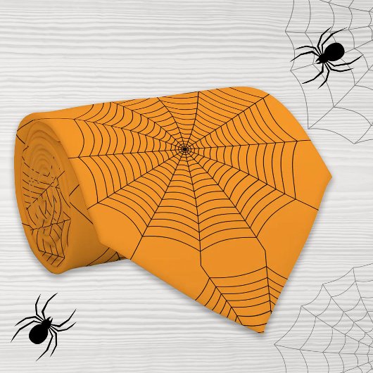 Cravate Black orange spider web Halloween pattern