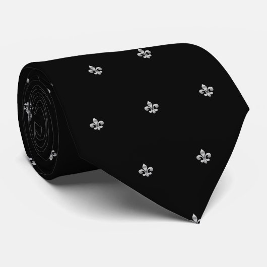 Cravate Black silver fleur de Lis, French Lili pattern (Roulé)