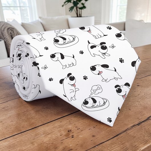 Cravate Black & White Dog Cartoon Custom Necktie