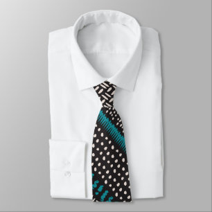 Cravate Black White Teal Dots Spots Zigzags Pattern
