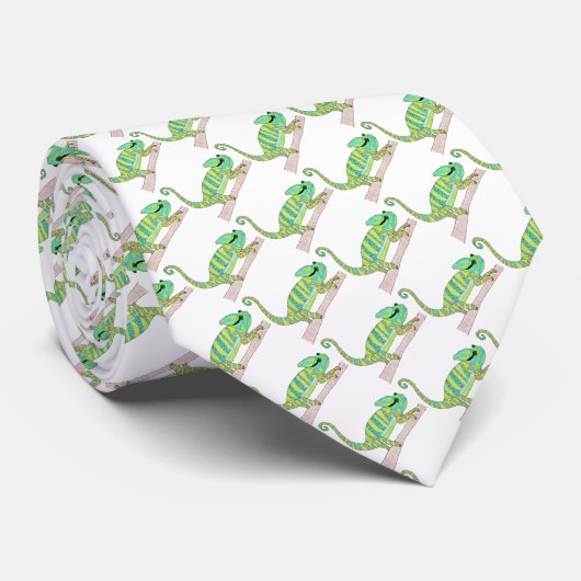 Cravate (blanc) - Chameleon vert (Roulé)