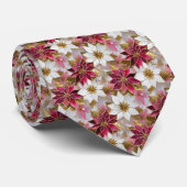 Cravate Blanc Or Bourgogne rose Poinsettias de Noël (Roulé)