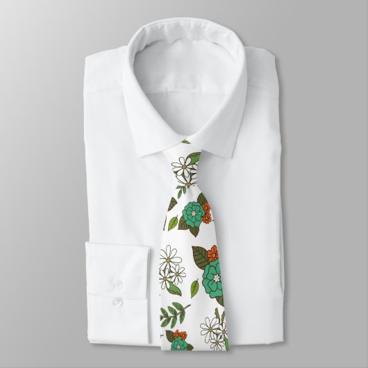 Cravate Blanc Rétro et Floral Vert (Attaché)