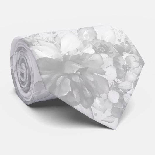 Cravate Blanc Sur Blanc Cascadé Peonies gris pâle Mariage (Roulé)