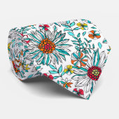 Cravate Blanc Turquoise Jaune orange Rouge Fleurs de margu (Roulé)