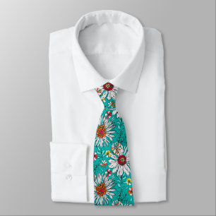 Cravate Blanc Turquoise Jaune orange Rouge Fleurs de margu