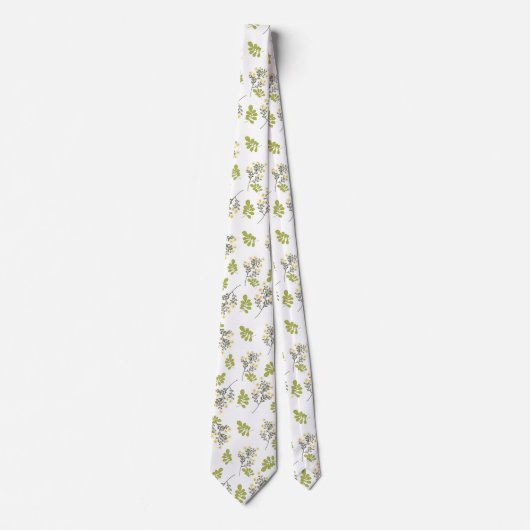 Cravate blanche avec motif de feuilles vertes et j (Devant)